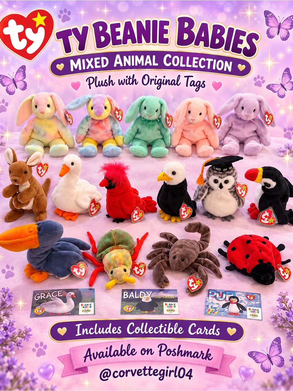 Ty Beanie Babies Mixed Animal Collection - Pastel Green, Pink, Purple & Multi